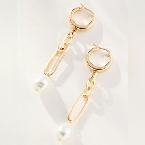 Anthropologie Pearl Paperclip Huggie Hoop Earrings